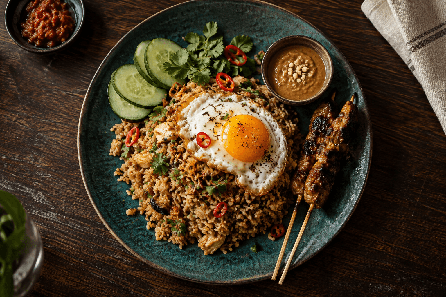 Nasi goreng met spiegelei, saté, pindasaus en verse komkommer in donkerblauw servies